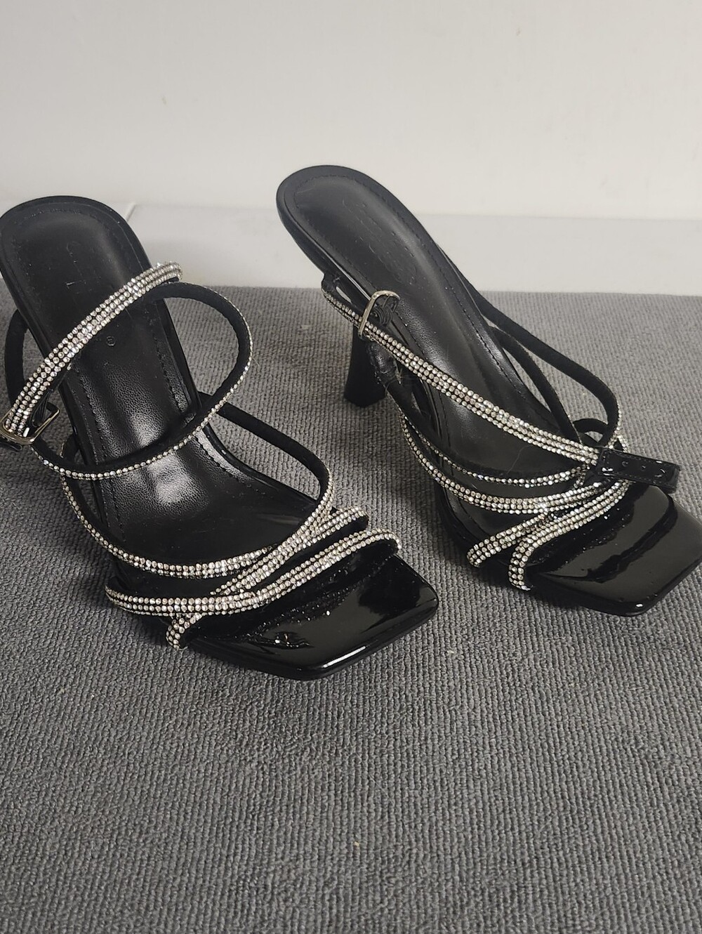 Black Rhinestone Strappy Heeled Shoes